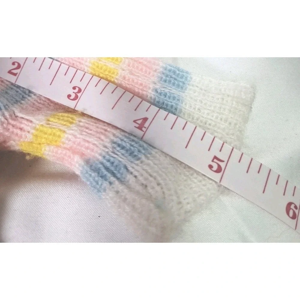 Vintage Hand Knit Doll Outfit Hat Sweater Footed Pants Baby Doll Pink Yellow Pom